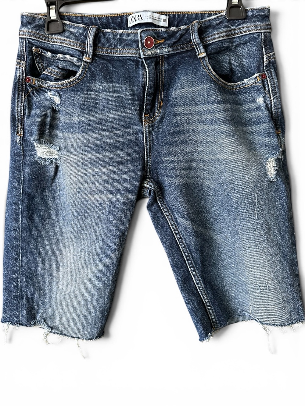 Zara Blue‎ Distressed Denim Shorts with Red Button Accent